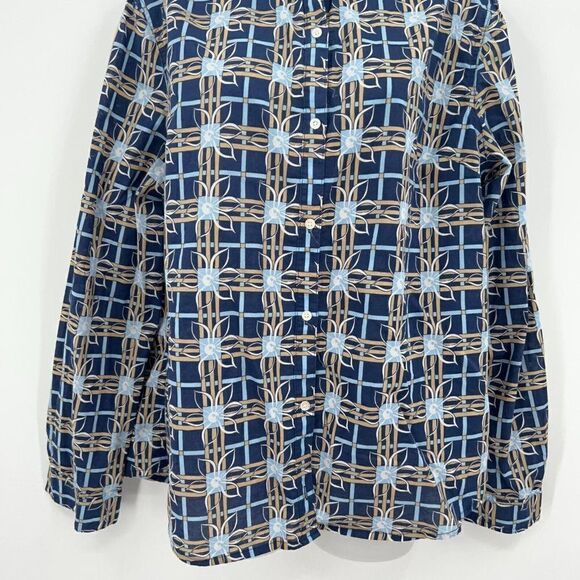J. McLaughlin Button Down Shirt Women XL Blue Tan Geometric Cotton Long Sleeve - Picture 3 of 9